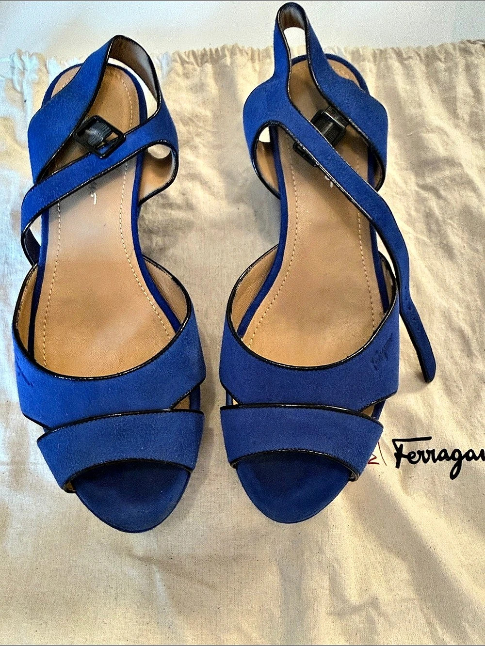 Salvatore Ferragamo My Ferragamo Blue Suede Slingback Wedge Sandals Wedge